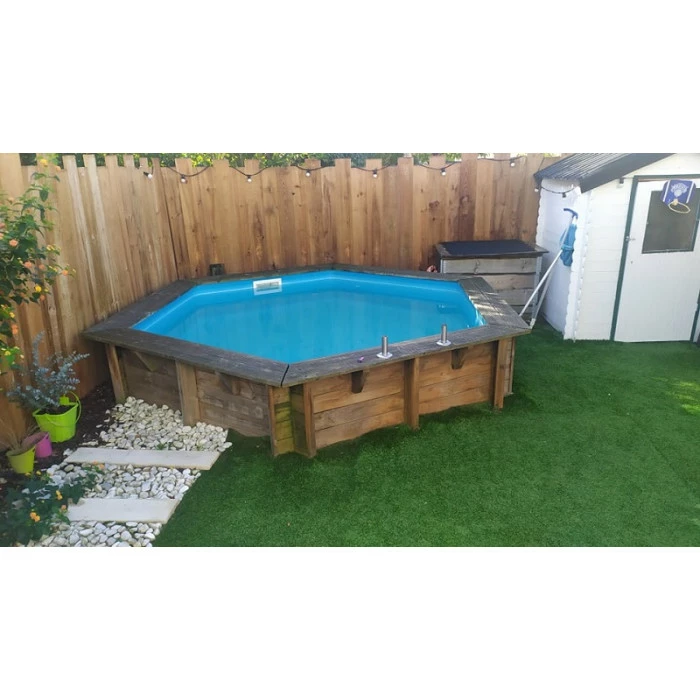 Piscine En Bois Hexagonale Ubbink Azura 4,10 X 1,20 M - Liner Bleu + Bâche à Bulles – Image 8
