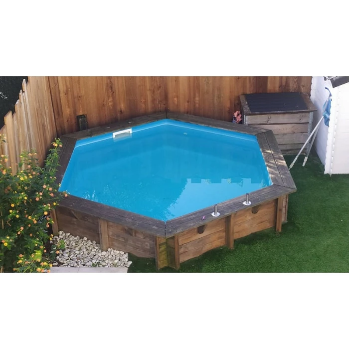 Piscine En Bois Hexagonale Ubbink Azura 4,10 X 1,20 M - Liner Bleu + Bâche à Bulles – Image 6