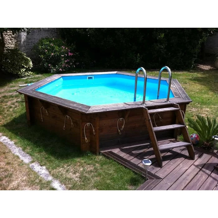 Piscine En Bois Hexagonale Ubbink Azura 4,10 X 1,20 M - Liner Bleu + Bâche à Bulles – Image 13