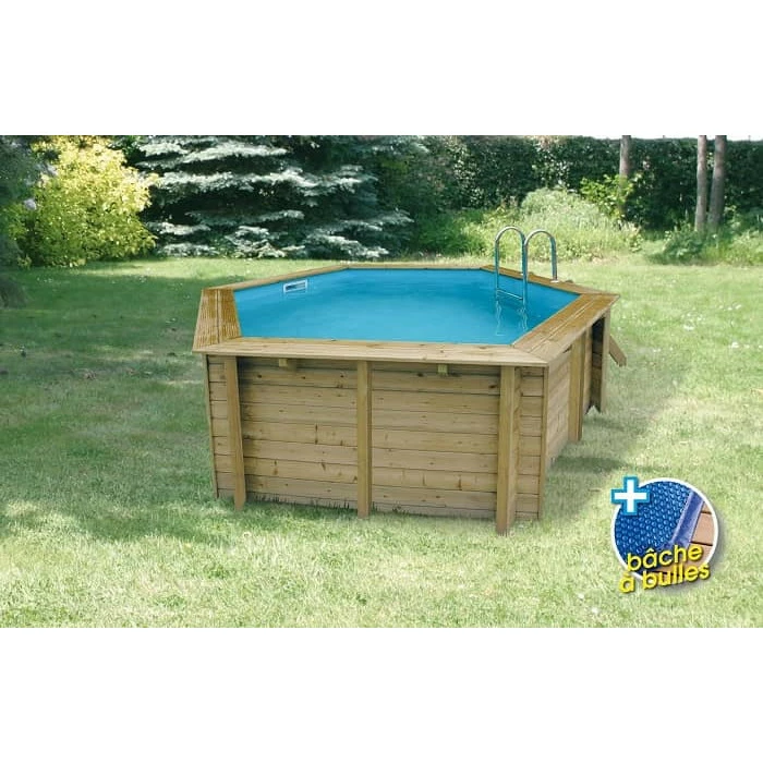 Piscine En Bois Hexagonale Ubbink Azura 4,10 X 1,20 M - Liner Bleu + Bâche à Bulles – Image 2