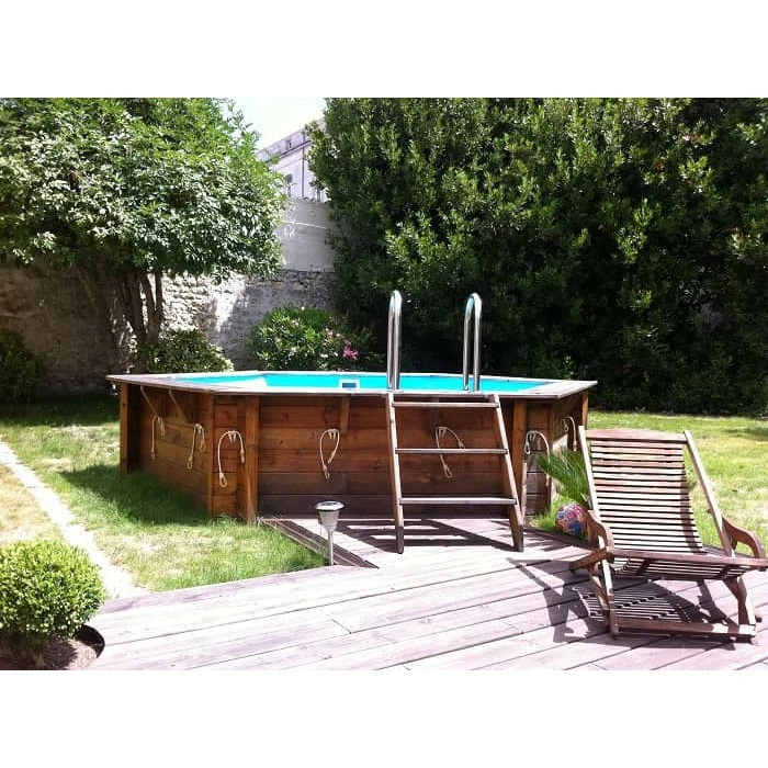 Piscine En Bois Hexagonale Ubbink Azura 4,10 X 1,20 M - Liner Bleu + Bâche à Bulles – Image 15